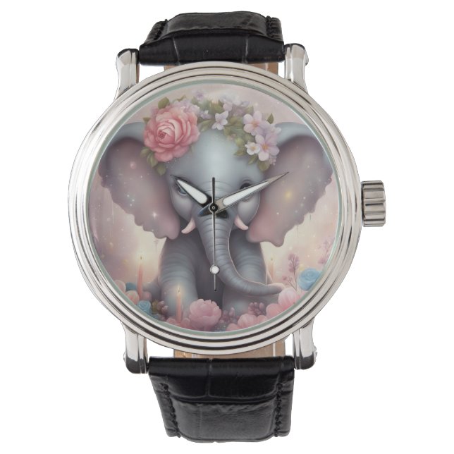 Montre Adorable bébé éléphant avec fleurs (devant)