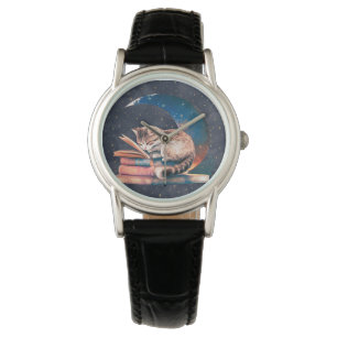 Montre Adorable Chat sur la Lune Lire un livre