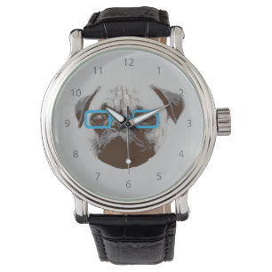 Montre Adorable Pug Hipster avec Lunettes Bleues