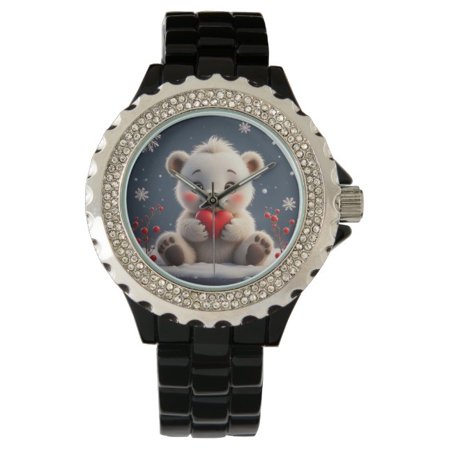 Montre Adorable White Polar Bear Cub Holding a Red Heart (devant)