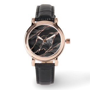 Montre Agate élégante noire à feuille d'or rose