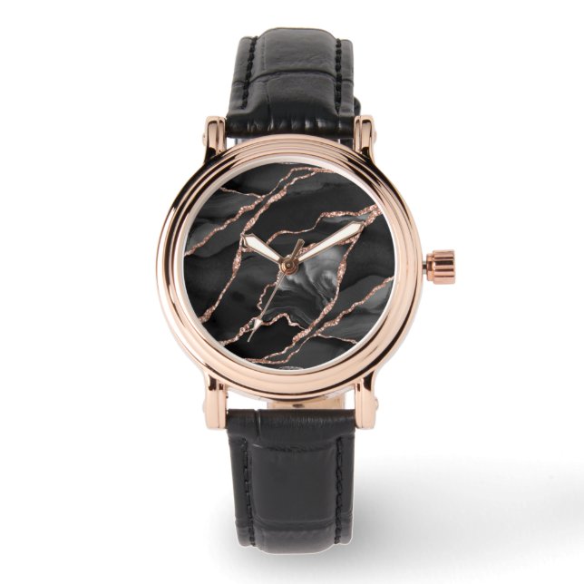 Montre Agate élégante noire à feuille d'or rose (Recto)