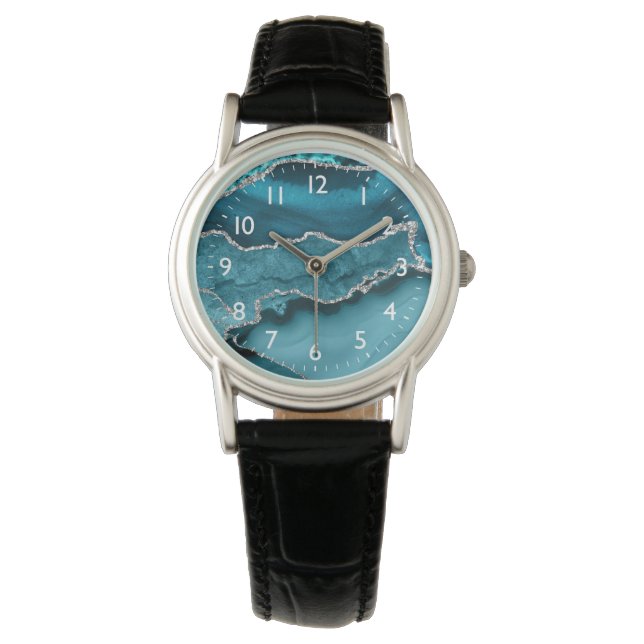 Montre Agate Marbrée Teal et Faux Argent (devant)