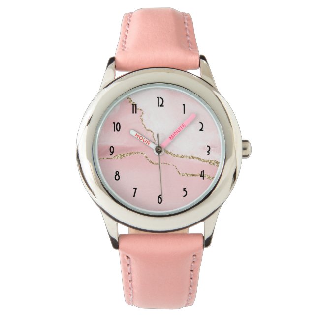 Montre Agate rose vierge avec ruban or Élégant (devant)