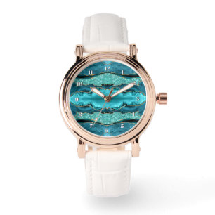 Montre Agate Turquoise Blue Gold Parties scintillant Aqua