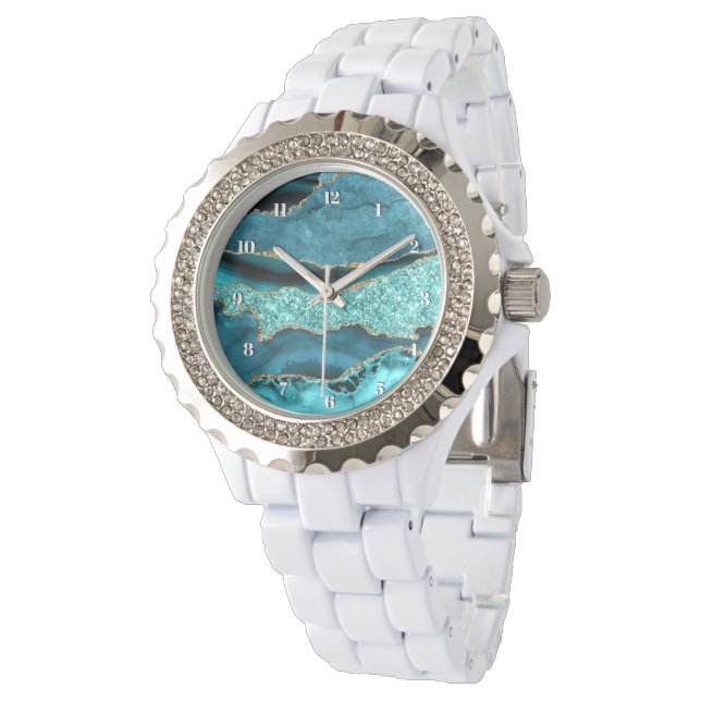Montre Agate Turquoise Blue Gold Parties scintillant Marb (Incliné)