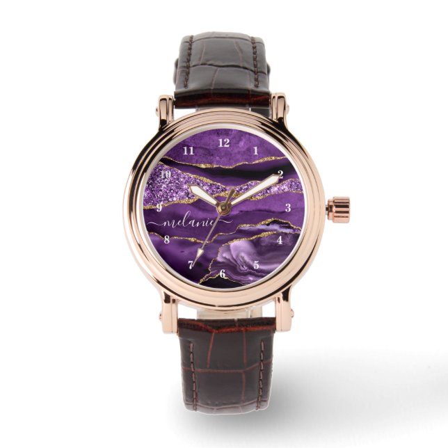Montre Agate Violet Pourpre Paillettes Dorées Votr (Recto)