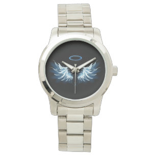 Montre Ailes d'ange lumineuses bleues sur fond noir