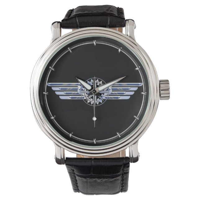 Montre Air Pilote Chrome comme ailes Compass sur noir (devant)