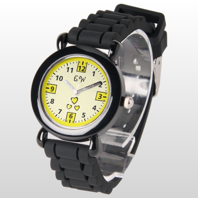 Montre Ajouter les coeurs initiales enfants jaunes (Créateur téléchargé)