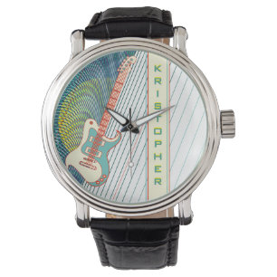 Montre Ajouter un nom Cool moderne blanc & Turquoise Guit