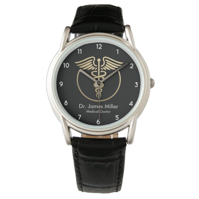 Montre Ajouter Votre Nom Médicale Caduceus Symbole Black  (devant)