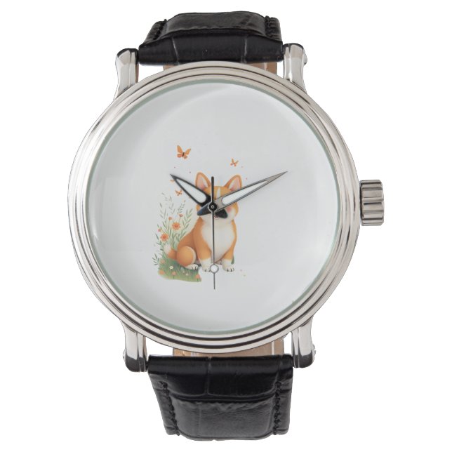 Montre Akita Chien avec Fleur et T-shirt Papillon (devant)