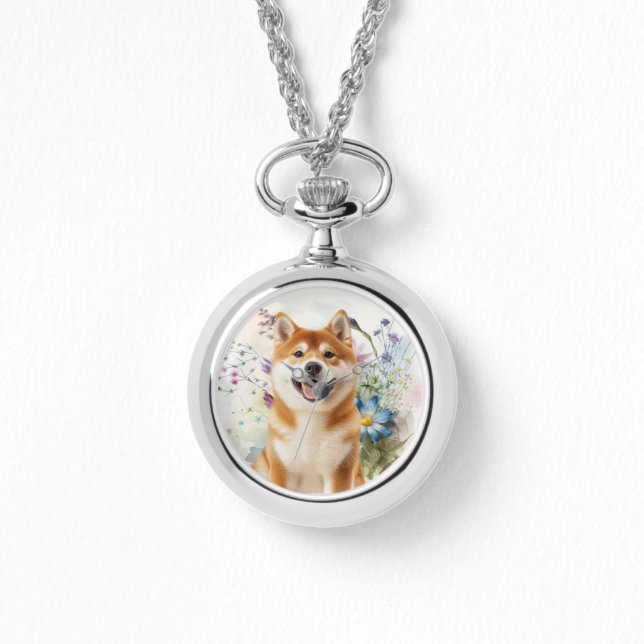 Montre Akita Shiba Inu Dog with Blue Watercolor Flowers (Recto)