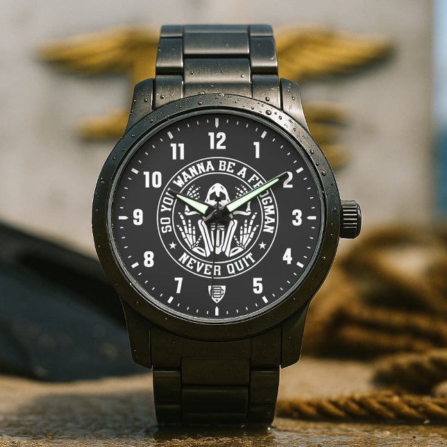 Montre Alors vous voulez être un patch de Frogman noir (So You Wanna Be A Frogman - Never Quit Patch Black Stainless Steel Watch)