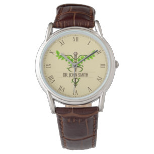 Montre Alternative Médicale Caduceus Vert Feuilles Beige