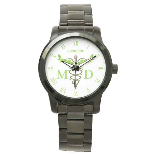 Montre Alternative Médicale Caduceus Vert Feuilles Blanc (devant)