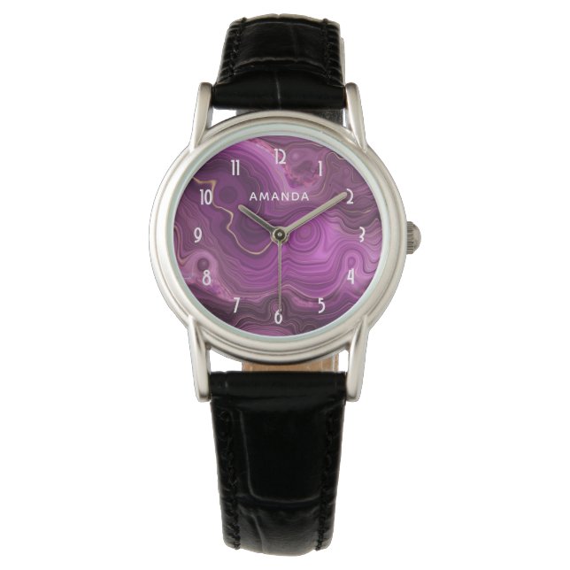 Montre Améthyste Violet Et Agate Abstrait Or (devant)
