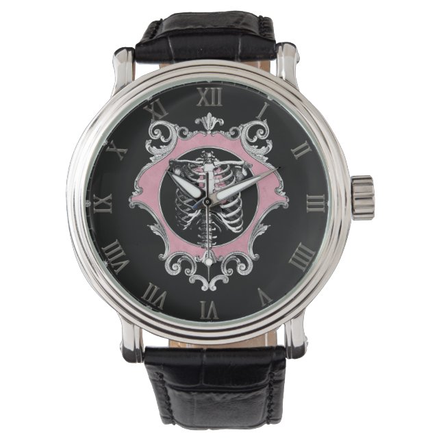Montre Amour gothique | Squelette rose et noir Coeur flor (devant)