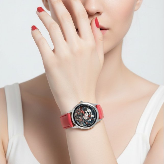 Montre analogique féminine à strap rouge floral él (Créateur téléchargé)