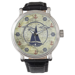 Montre Ancienne carte marine/voilier/ancre/roue silhouett