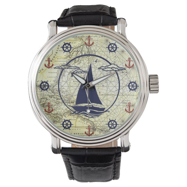 Montre Ancienne carte marine/voilier/ancre/roue silhouett (devant)