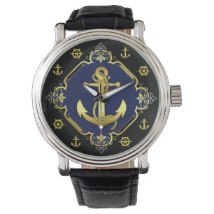 Montre Ancrage/roue du navire nautique /or/noir/marine