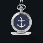 Montre Ancre bleue marine<br><div class="desc">Cadeau nautique minimaliste moderne avec ancre blanche sur arrière - plan bleu marine.</div>