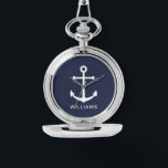 Montre Ancre bleue marine avec nom personnalisé<br><div class="desc">Cadeau nautique minimaliste moderne avec ancre blanche avec nom personnalisé en blanc moderne sans serif style police sur arrière - plan bleu marine.</div>
