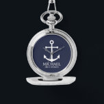Montre Ancre Bleue marine Nautique Groomsmen personnalisé<br><div class="desc">Nautique Personnalisé Groomsmen Cadeau Ce design présente une ancre blanche et le nom de toiletteur personnalisé avec titre en blanc classique serif style police sur arrière - plan bleu marine. Aussi parfait pour le meilleur homme,  père de la mariée et plus.</div>