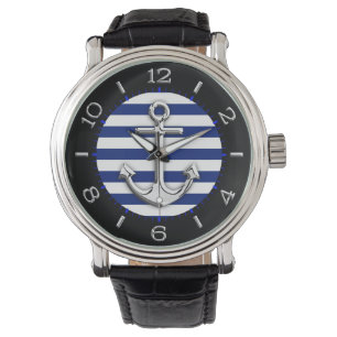 Montre Ancre d'argent sur Navy Blue Stripes Dial