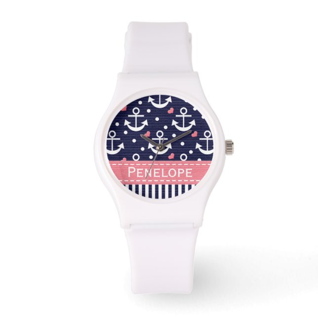 Montre Ancre personnalisée Marine bleue et rose (Recto)