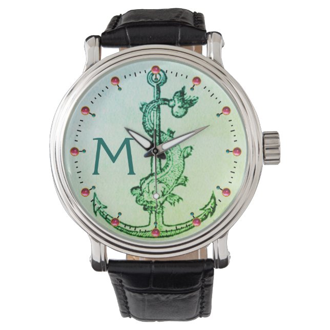Montre ANCRE VERTE AVEC POISSON MONOGRAMME NAUTIQUE Gemme (devant)