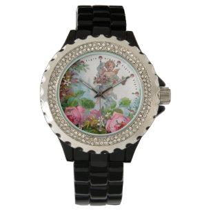 MONTRE ANGE ROMANTIQUE RASSEMBLANT ROSES ET FLEURS ROSES 