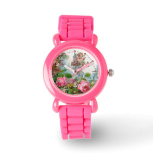 MONTRE ANGE ROMANTIQUE RASSEMBLANT ROSES ET FLEURS ROSES
