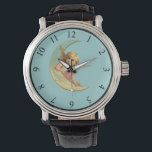 Montre Angel dans une image vintage lune croissant<br><div class="desc">Un doux dessin vintage. Un ange paisible,  semblable à un enfant,  reposant sur la courbe d'un croissant de lune sur un arrière - plan vert rétro.</div>