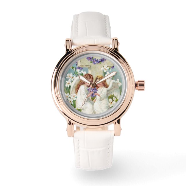 Montre Anges Mignons Avec Croix Et Fleurs  (Recto)
