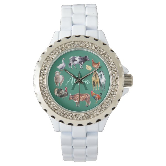 Montre Animaux de ferme Monogramme vert d'eau (devant)