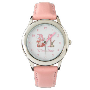 Montre Animaux des Bois Rose Bébé Fille Monogramme Initia