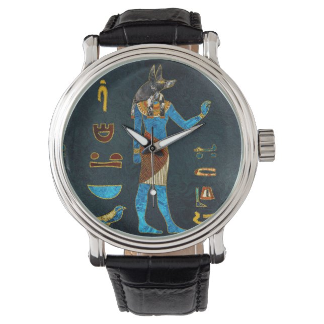 Montre Anubis en or égyptien, bleu et rouge (devant)