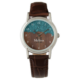 Montre Aqua bleu étincelle bois rustique Monogramme