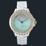 Montre Aqua Bleu Turquoise Argent Pailleté Monogramme<br><div class="desc">Montre monogramme à écriture cursive pailletée Aqua Bleu - Turquoise et Argent. C'est le cadeau parfait pour la remise des diplômes, l'anniversaire, le mariage, la douche de mariée, l'anniversaire de mariage, la douche bébé ou l'enterrement de vie de jeune fille pour quelqu'un qui aime le luxe clinquant et les styles...</div>