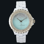Montre Aqua Bleu Turquoise Argent Paillettes Monogramme<br><div class="desc">Montre à monogramme en script avec paillettes scintillantes bleu aqua - turquoise et argent. C'est le cadeau idéal pour la remise des diplômes, l'anniversaire, le mariage, la douche de mariée, l'anniversaire de mariage, la baby shower ou l'enterrement de vie de jeune fille pour quelqu'un qui aime le luxe clinquant et...</div>