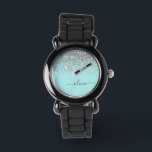 Montre Aqua bleu Turquoise Parties scintillant argent Mon<br><div class="desc">Aqua Blue - Turquoise et Silver Sparkle Parties scintillant Script Monogramme Nom Monographie. Cela rend le cadeau parfait pour 16 ans,  mariage,  douche nuptiale,  anniversaire,  baby shower ou bachelorette pour quelqu'un qui aime le luxe glam et les styles chic.</div>