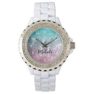 Montre Aqua blue Pink ombre mer galaxie abstraite Monogra