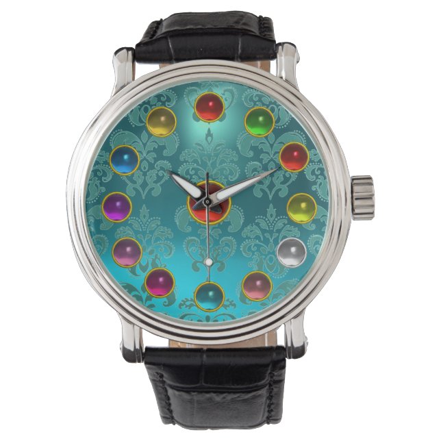 MONTRE AQUA BLUE TURQUOISE DAMASK ET 3D COLORÉS (devant)