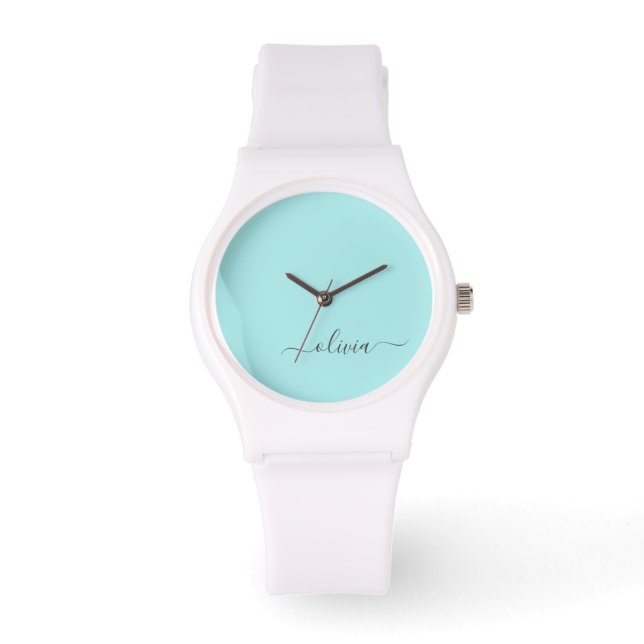 Montre Aqua Blue Turquoise Moderne Script Girl Monogramme (Recto)