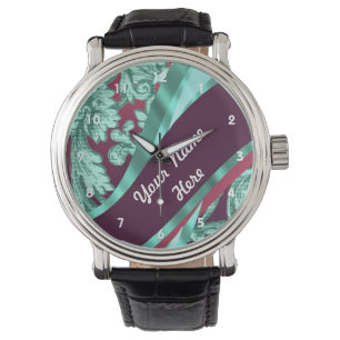 Montre Aqua, marron et or motif damassé floral