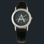 Montre Aqua Teal Blue Script Girly Monogram<br><div class="desc">Black and Aqua Turquoise Bleu Simple Script Monogramme Nom Montre. Cela fait le cadeau parfait de remise de diplômes,  anniversaire,  mariage,  douche nuptiale,  anniversaire,  baby shower ou bachelorette pour quelqu'un qui aime le luxe glam et les styles chic.</div>