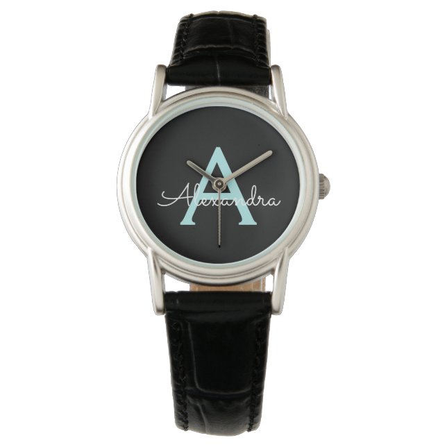 Montre Aqua Teal Blue Script Girly Monogram (devant)